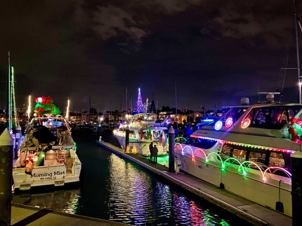 The lighted boats at the Yacht Harbor
