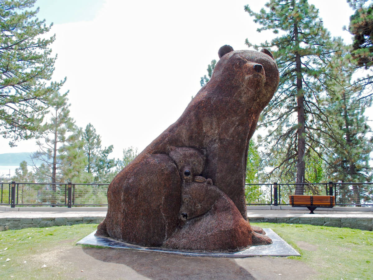 Closeup look of the ‘Penny Bear’ statue in Tahoe City’s Heritage Plaza